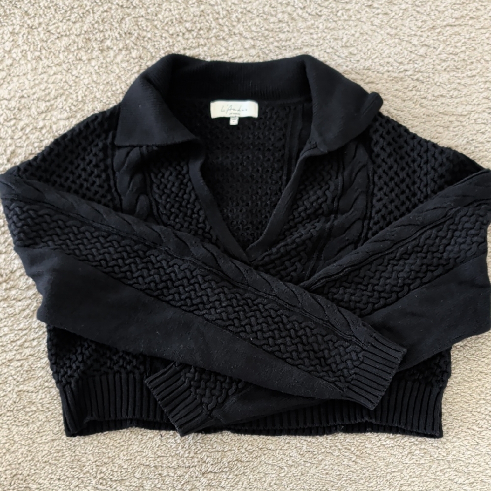 L'Academie Black V-Neck Cable Knit Sweater